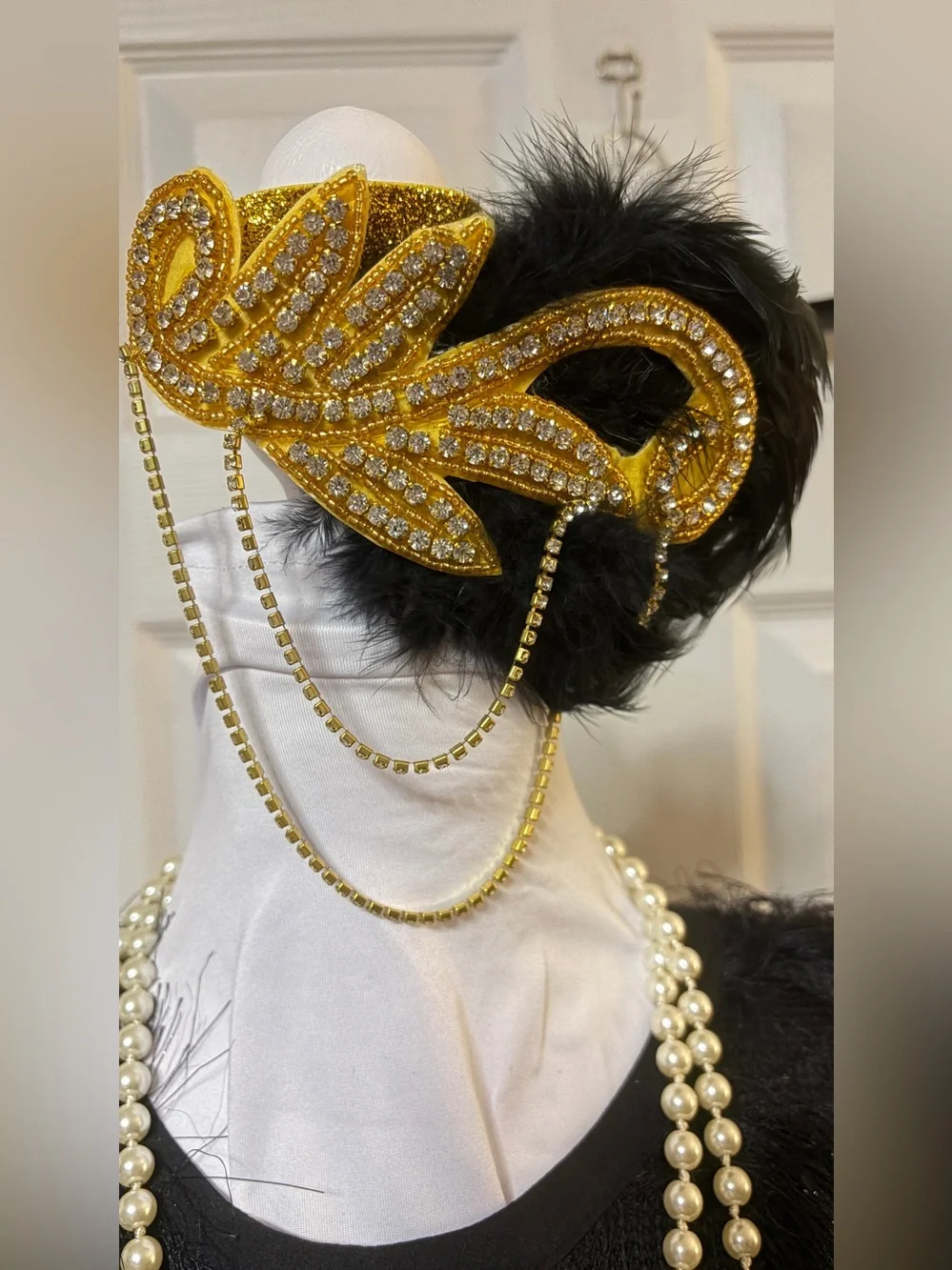 Flapper costume, accessories Feather Crystal Headpiece with Black Feathers -